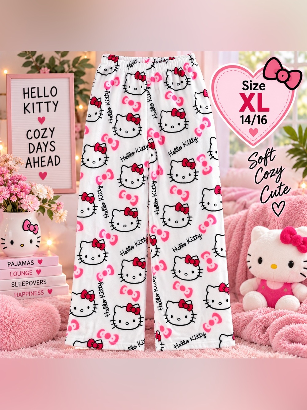 Hello Kitty Girls Plush Lounge Pajama Pants White Pink Size XL NIB